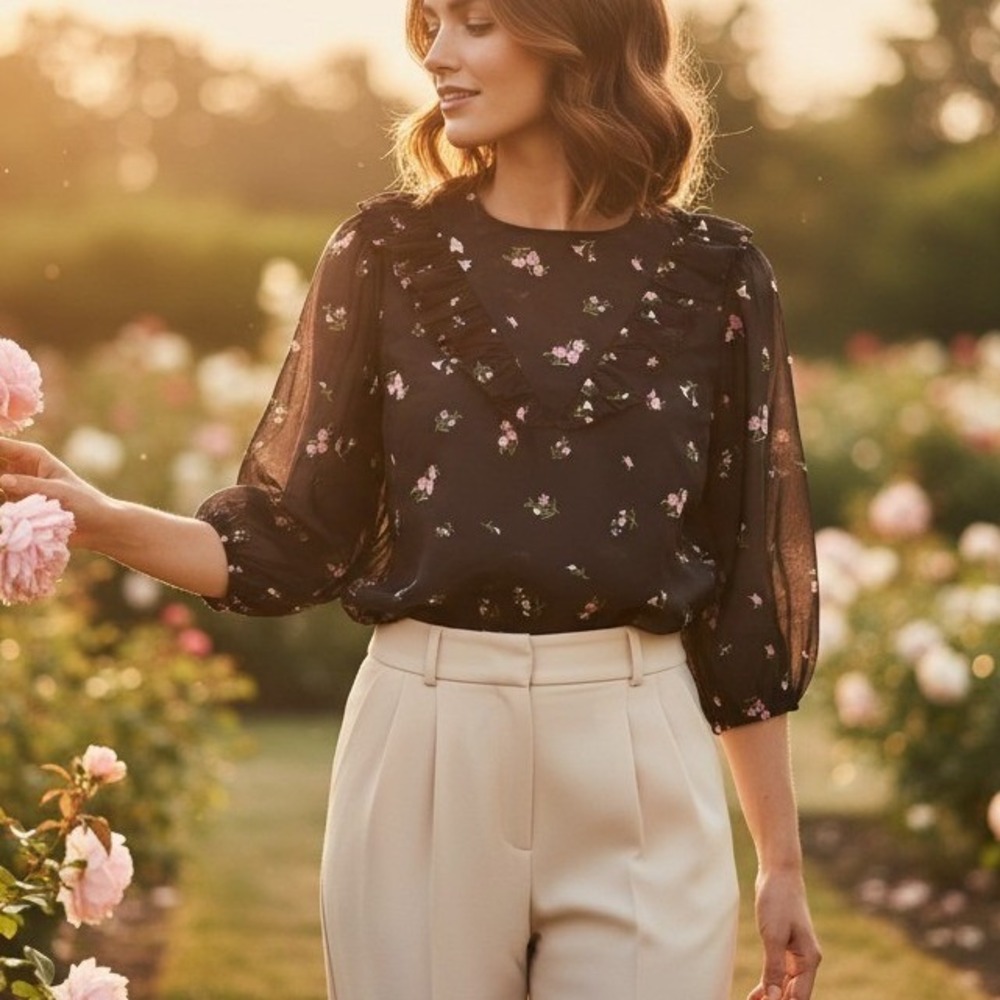 Zara Sheer Organza Blouse Top Women Medium Black Floral Puff Sleeve Keyhole Back